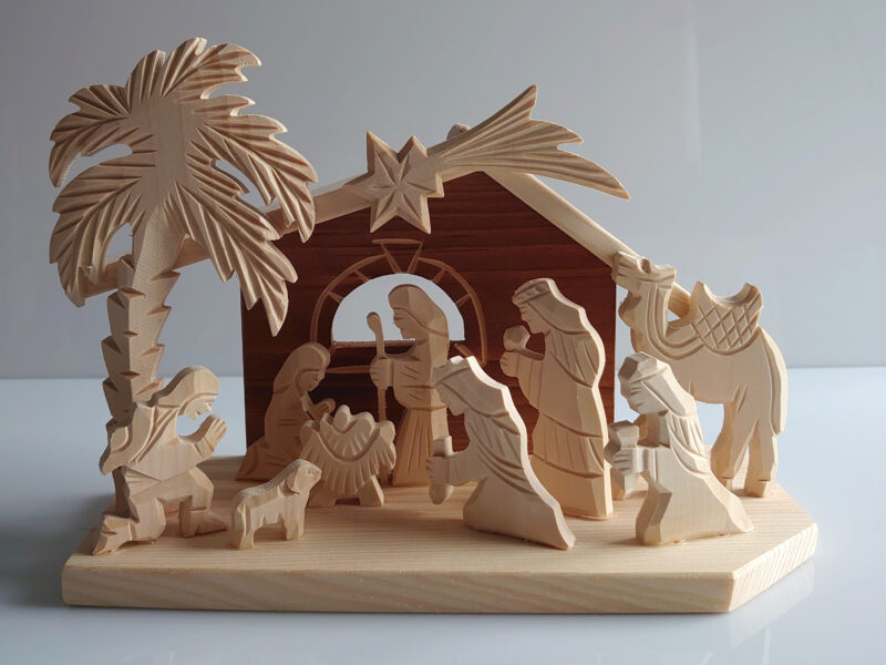 SMALL Hand-Carved Wooden Christmas Nativity Scene Ornament (2877)